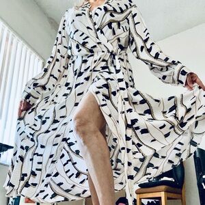 Reiss White Wrap Midi Dress with Black and Gold Print